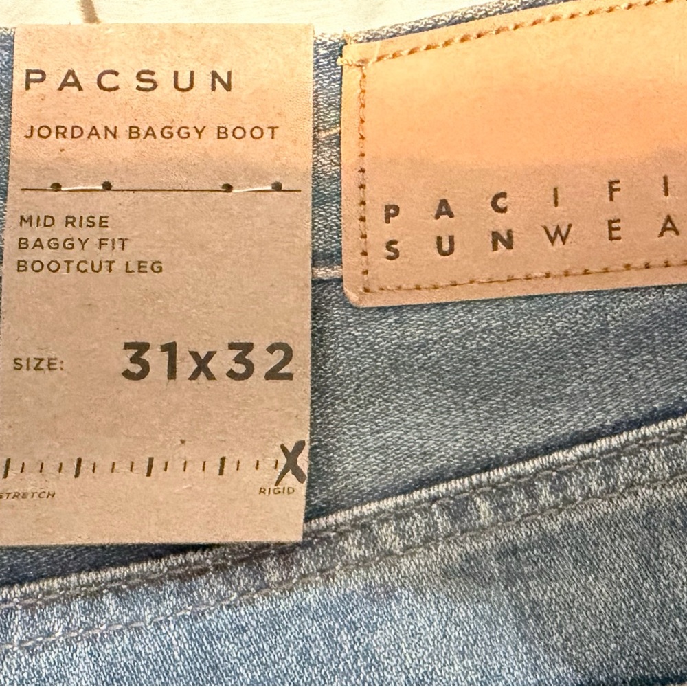PacSun Jordan Baggy Boot Jeans - Blue Denim with Tan Patch